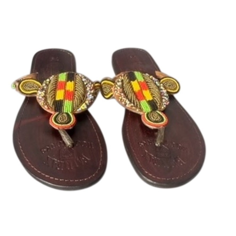 Maitan Beaded Leather Sandals Brown Multicolor EU 39 NWOB‎